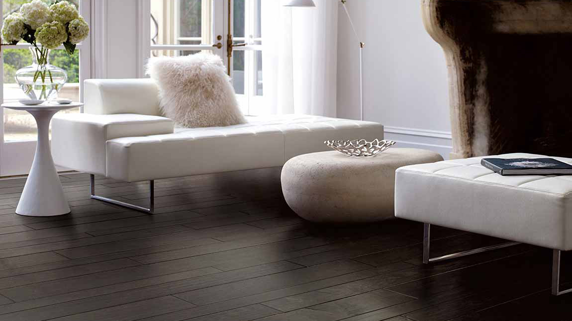 Hardwood flooring in a living room, installation services available. 