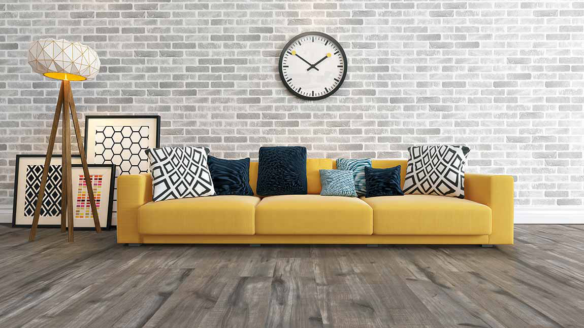 Luxury vinyl flooring in a living room, installation services available.