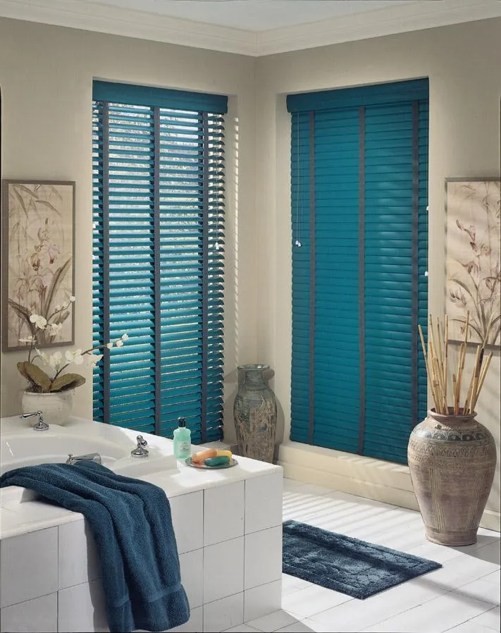 blue blinds in bathroom