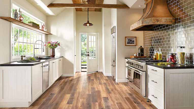 rustic wood look laminate flooring in a kitchen